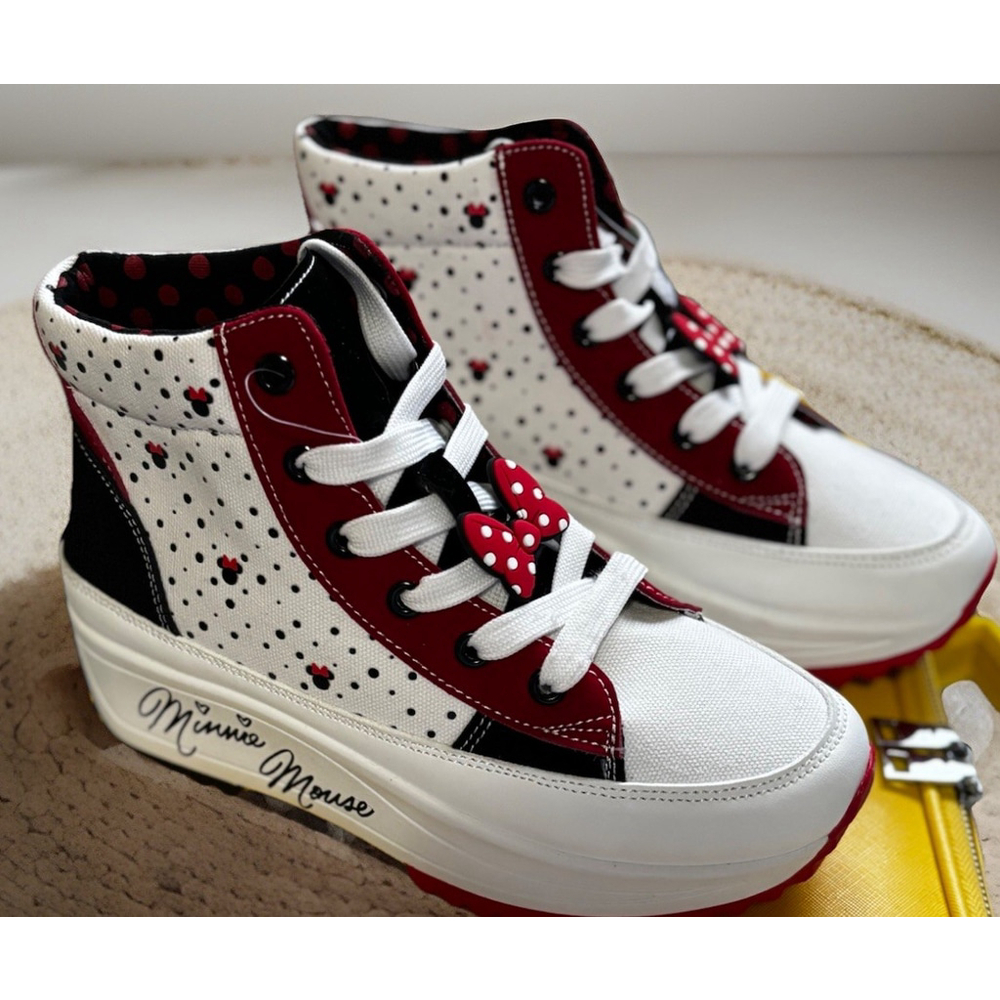 Disney Minnie Mouse Girls High top Lugged Sole Sneaker•White/Red/BLK W/Red Bow•6